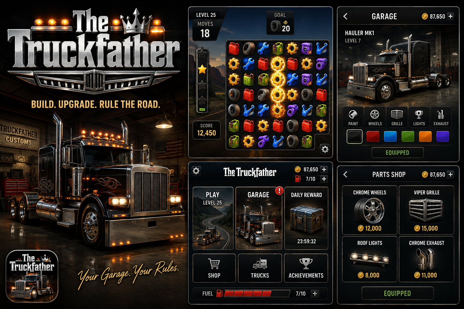 The Truckfather game concept showing truck customisation and puzzle gameplay